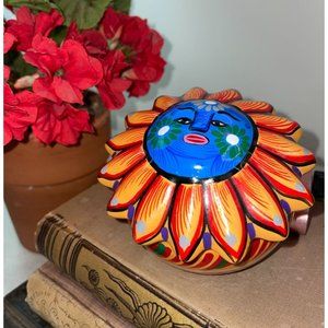 Mexican Red Terracota Pottery Talavera Trinket Dish Hand Crafted Sun Design